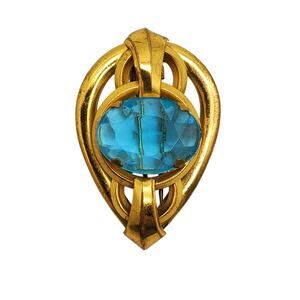 Blue Oval Glass Fur Clip Gold Tone Retro Art Deco Brooch Pin Dress Statement